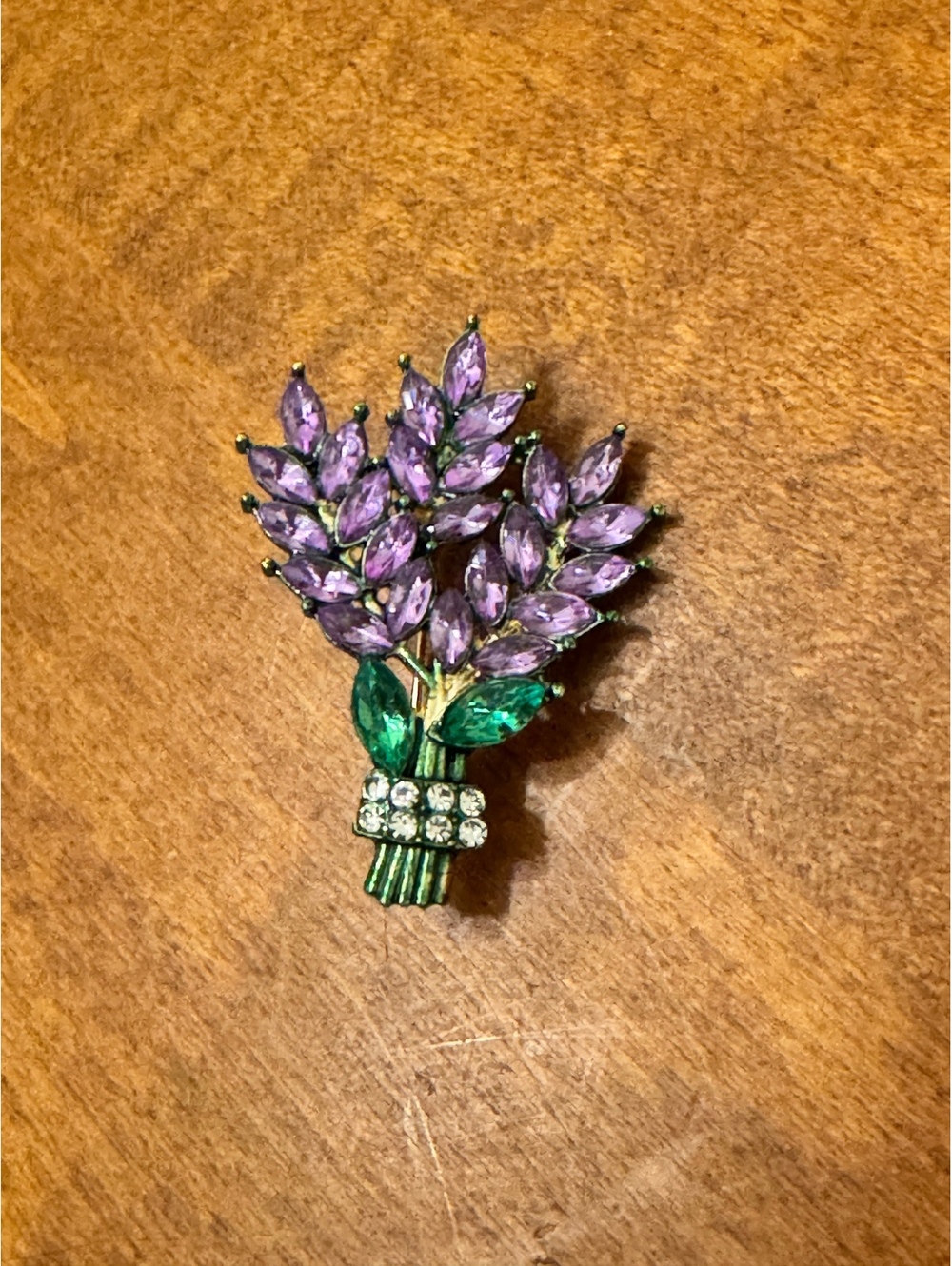 Vintage Floral Bouquet Brooch with Purple and Green Rhinestones 630